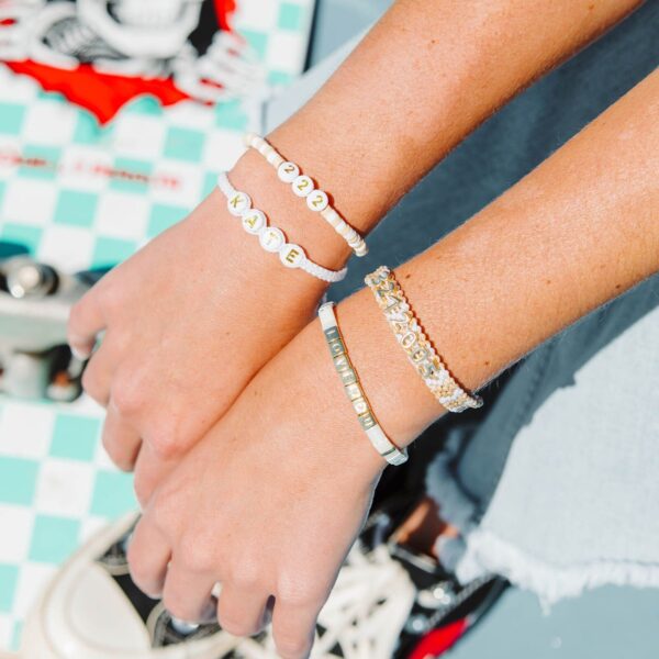 Cream Tile Bead Gold Stretch Bracelet - Image 3