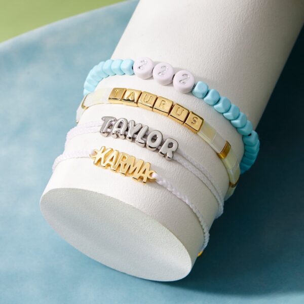 Cream Tile Bead Gold Stretch Bracelet - Image 4