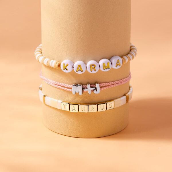 Cream Tile Bead Gold Stretch Bracelet - Image 8