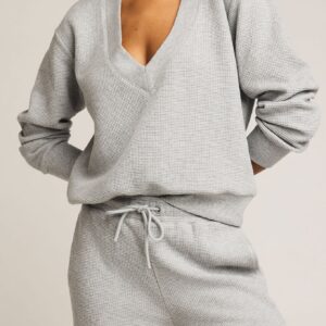 Waffle Knit Deep V in Heather Grey